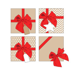 a set of gifts in craft packaging with a red ribbon and tags for the holiday. vector image on white background