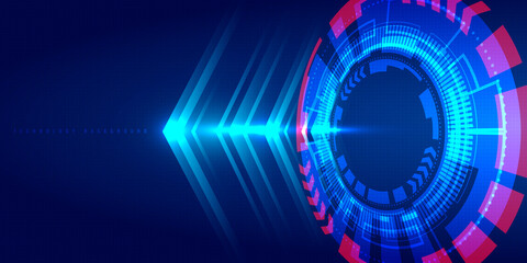 Abstract technology blue HUD circle, light beam and arrow pattern perspective on dark background Hi-tech communication concept.