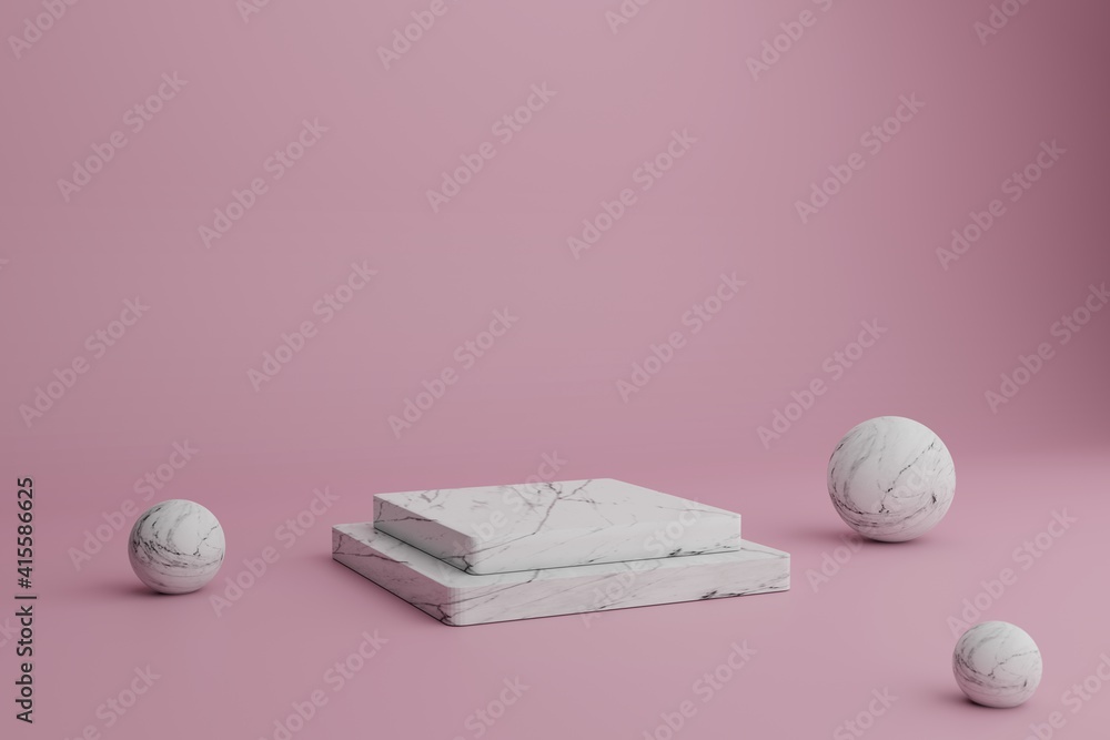 Poster Abstract 3d render minimal scene with marble podiums and balls on a pink background. Blank showcase mockup with empty rectangle stage for cosmetic product presentation