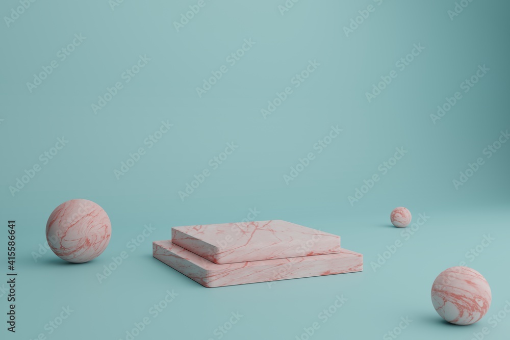Poster abstract 3d render minimal scene with coral marble podiums and balls on a pale blue background. blan