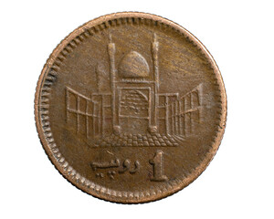 Pakistan one rupee coin on a white isolated background