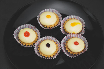 selective focus of cheese tart on the table with a cinematic light.