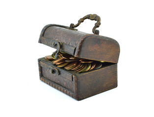 Opened retro treasure chest filled with antique coins close-up isolated on white background.
