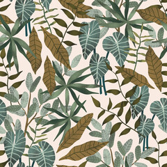 Tropical print. Seamless pattern with hand drawn exotic leaves and trees