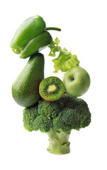 Green vegetables and fruits isolated on white backgrounds.Equilibrium floating food balance.
