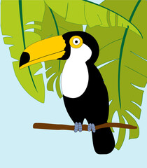 big cute toucan in tropical banana leaves on a background of blue sky. Vector image.