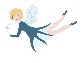 A cute tooth fairy flies with a milk tooth in her hands.