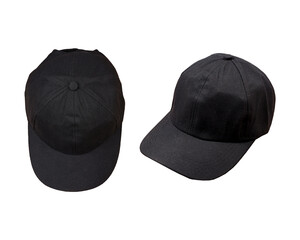 Black baseball cap in four different points of view isolated on white background. Plain black lid tamplate. Black hat mock up, perfect for your ad space. Basic Rap Textile Jeans Hat. Baseball hat