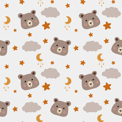 Seamless childish pattern with cute bears, clouds, moon, stars. Baby texture for fabric, wrapping, textile, wallpaper, clothing. Vector illustration