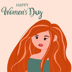 8 March, International Women's Day. Charming happy girl with long hair. Vector template with for card, poster, flyer and other users
