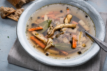 Tripe Soup Vegetarian Version with Oyster Myshroom. Polish Tripe Stew made from Vegetables Only