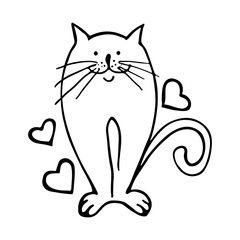 Hand-drawn in doodle style enamored cat with hearts. Valentine's Day. Stylized drawing in black outline on a white background. Vector.