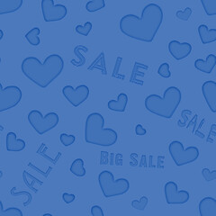 Seamless square background, heart and the word SALE. Blue text on a blue background. Seamless background concept for design and sales, advertising