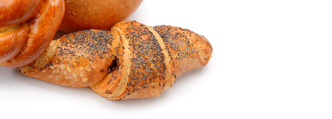 Croissant and buns isolated isolated on white background. Wide photo. Free space for text.