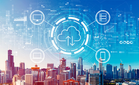 Cloud computing with downtown Chicago cityscape skyscrapers