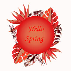 Hello spring sticker with beautiful illustration of leaves for decoration, spring is here, card design for invitation and holidays