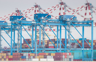 navire de marchandises en train de débarquer grâce à des grues les containers sur le port de commerce