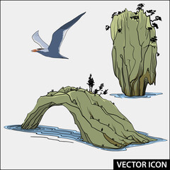 vector collection of rocky islands with sea gull - 415592280
