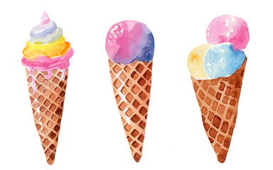 Watercolor illustration set of delicious ice cream