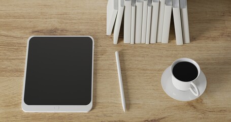 3d render coffee cup, tablet pencil, laptop, green plant and blank book on wood table. minimal workspace. wall concept template. hot coffee in mug. cafe and resturant template.