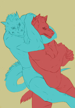 Illustration of two strong anthropomorphic animals fighting. One is choking the other from behind.