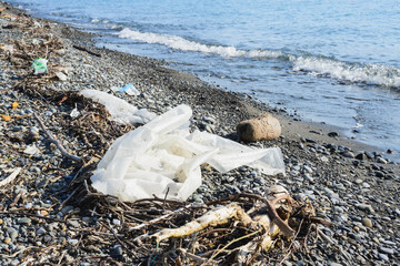 crumpled plastic polyethylene oilcloth, garbage, junk, litter, broken tree branches on pebble shore...