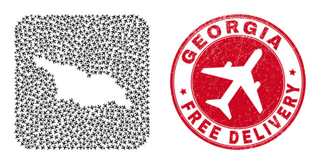 Vector collage Georgia map of air force items and grunge Free Delivery seal. Collage geographic Georgia map created as hole from rounded square with flying out air planes.