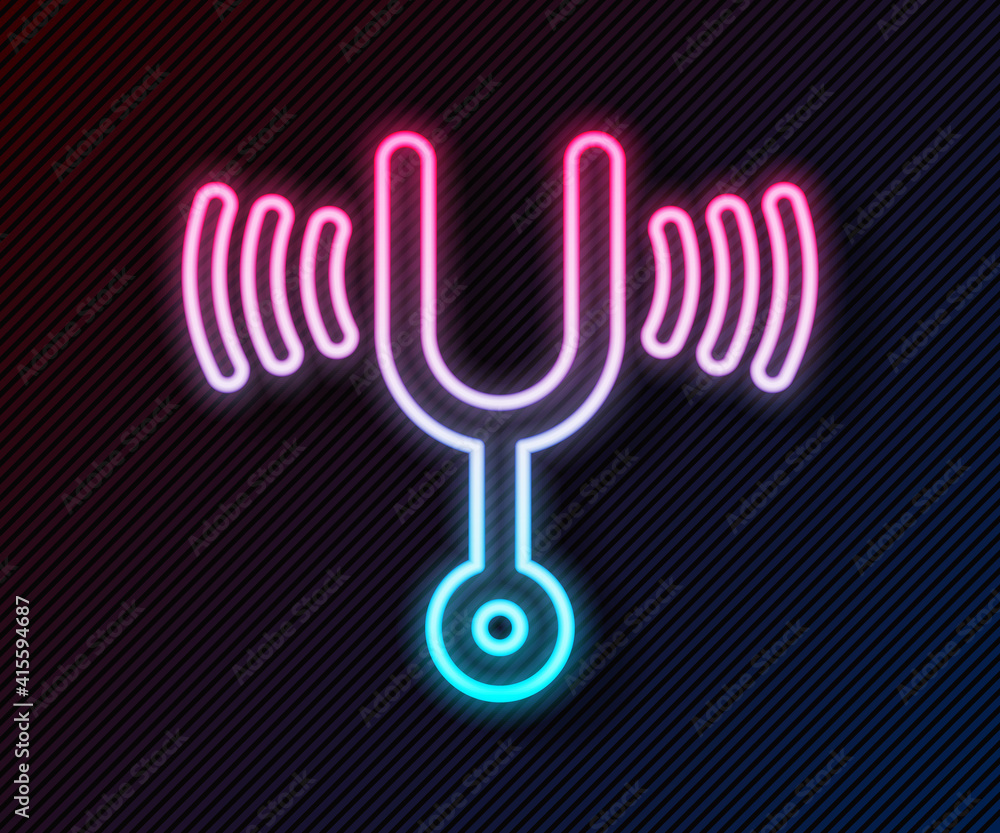 Poster glowing neon line musical tuning fork for tuning musical instruments icon isolated on black backgrou