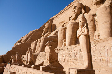 Abu Simbel temple in Egypt. Colossus of The Great Temple of Ramesses II. Africa.