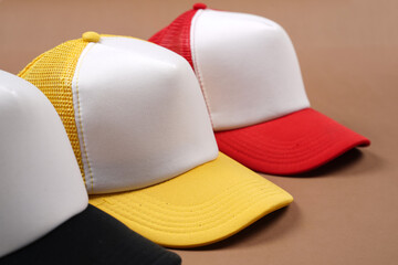 Close-up of a colored baseball cap. Hats are used when you go outside to protect your head from UV rays. Hats for everyday. Colored baseball cap mockup. Perfect for placing your logo or tagline.