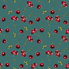 Color seamless pattern of cherries on a turquoise background.