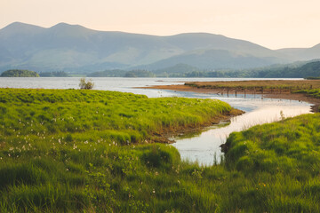 A calm peaceful sunrise or sunset landscape at Derwentwater lake and grassland near Keswick in the Lake District, Cumbria, England.