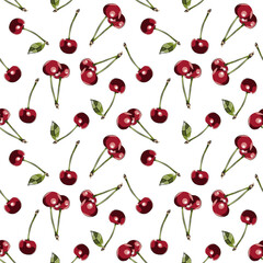 Color seamless pattern of cherries on a white background.
