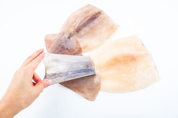 Fresh squid peeled on white background
