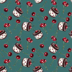 Color seamless pattern of cherries and cakes on a turquoise background.