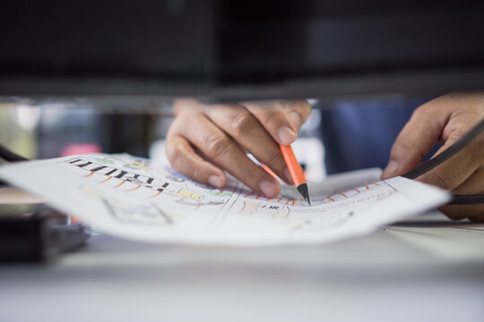 Pre-production for film movie storyboard concept : Hands drawing story board animation comic carton, design creative scene layout at studio. Behind process work before production films shot