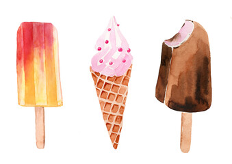 Watercolor illustration set of delicious ice cream