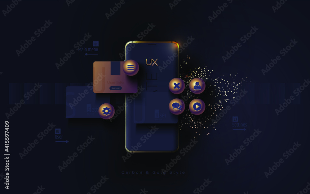 Poster mobile ui ux, korbon and gold concept. mobile phone with a mobile app interface consisting of blocks