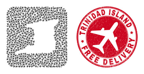 Vector collage Trinidad Island map of aviation items and grunge Free Delivery seal stamp.