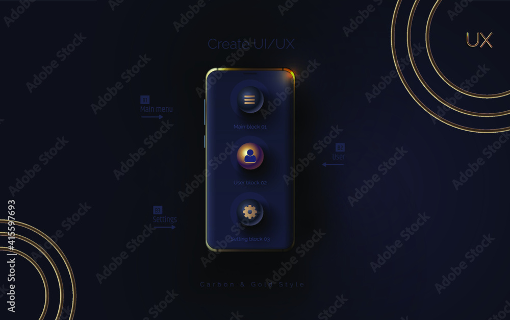 Poster mobile ui ux, korbon and gold concept. mobile phone with a mobile app interface consisting of blocks