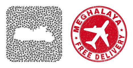 Vector mosaic Meghalaya State map of air force elements and grunge Free Delivery badge.