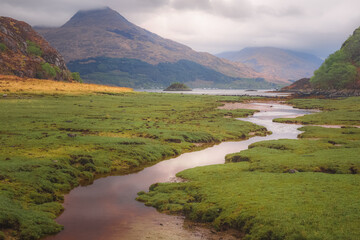 Mountain view out to Loch Nevis from the remote, rugged Scottish Highlands landscape of Knoydart...