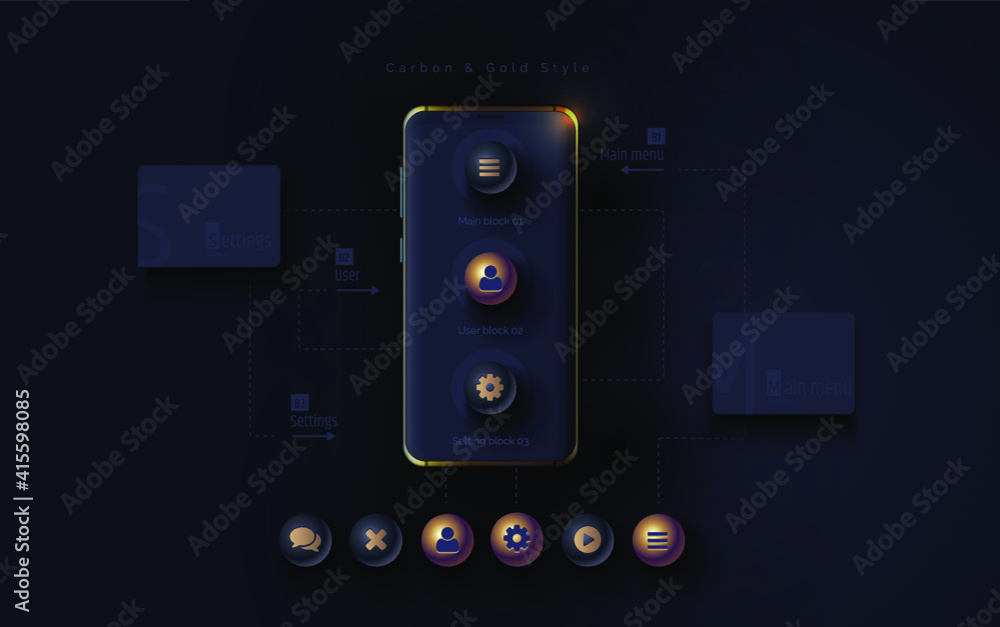Poster mobile ui ux, korbon and gold concept. mobile phone with a mobile app interface consisting of blocks