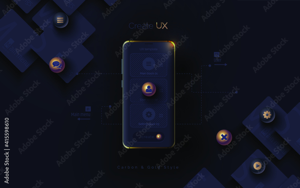 Poster mobile ui ux, korbon and gold concept. mobile phone with a mobile app interface consisting of blocks