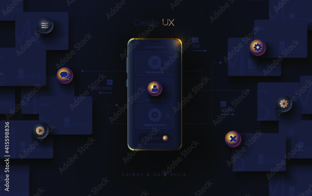 Poster mobile ui ux, korbon and gold concept. mobile phone with a mobile app interface consisting of blocks