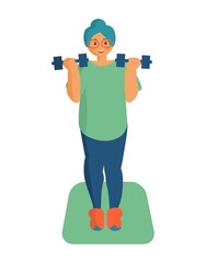 Eldery woman doing exercises with dumbbells Workout at home Cartoon illustration