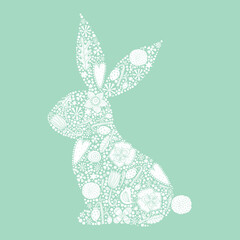 Floral white silhouette of an Easter Bunny. Cute vector illustration.