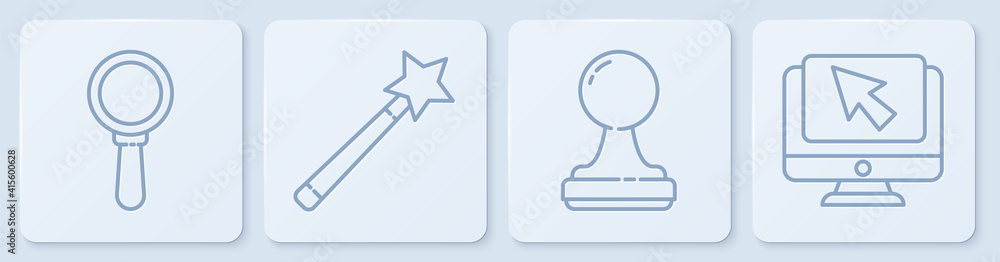 Poster set line magnifying glass, stamp, magic wand and computer monitor and cursor. white square button. v