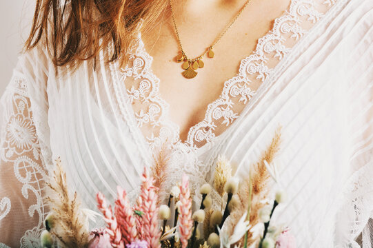 Close up image of beautiful woman wearing stylish necklace