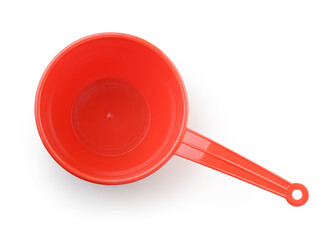 Top view of red plastic water ladle